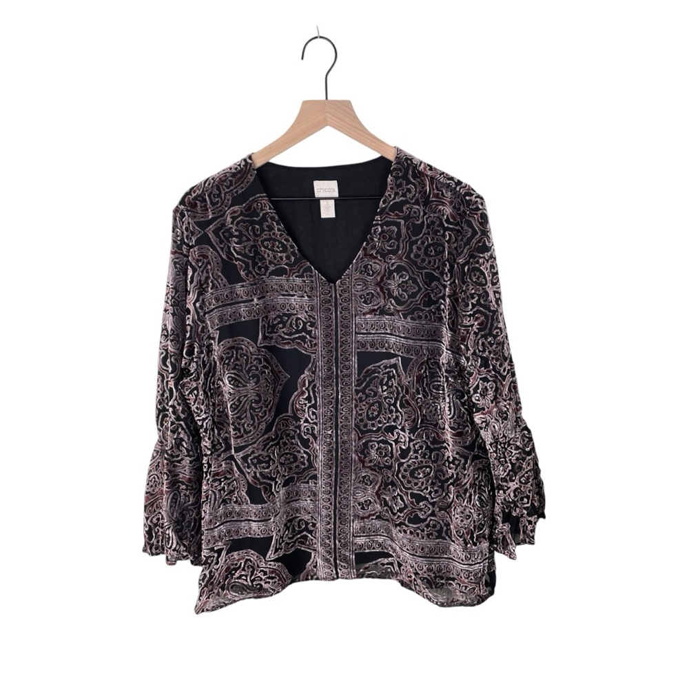 Chico’s Victorian Medallions Velvet Burnout Flare Sleeve Blouse Size XL Bohemian
